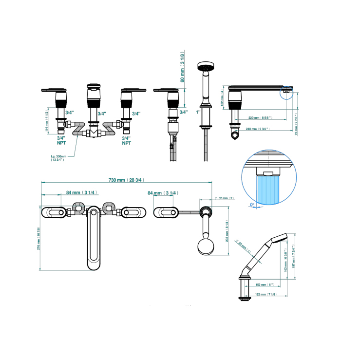THG CORVAIR A MANETTES FIOR DI BOSCO Смеситель на борт ванны на 5 отверстий, двойной, с ручным душем, цвет: Blush PVD