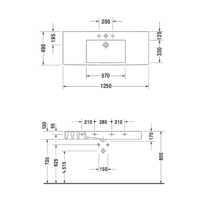 Duravit Vero Раковина 125x49см., подвесная, 1 отв., с переливом, цвет: белый