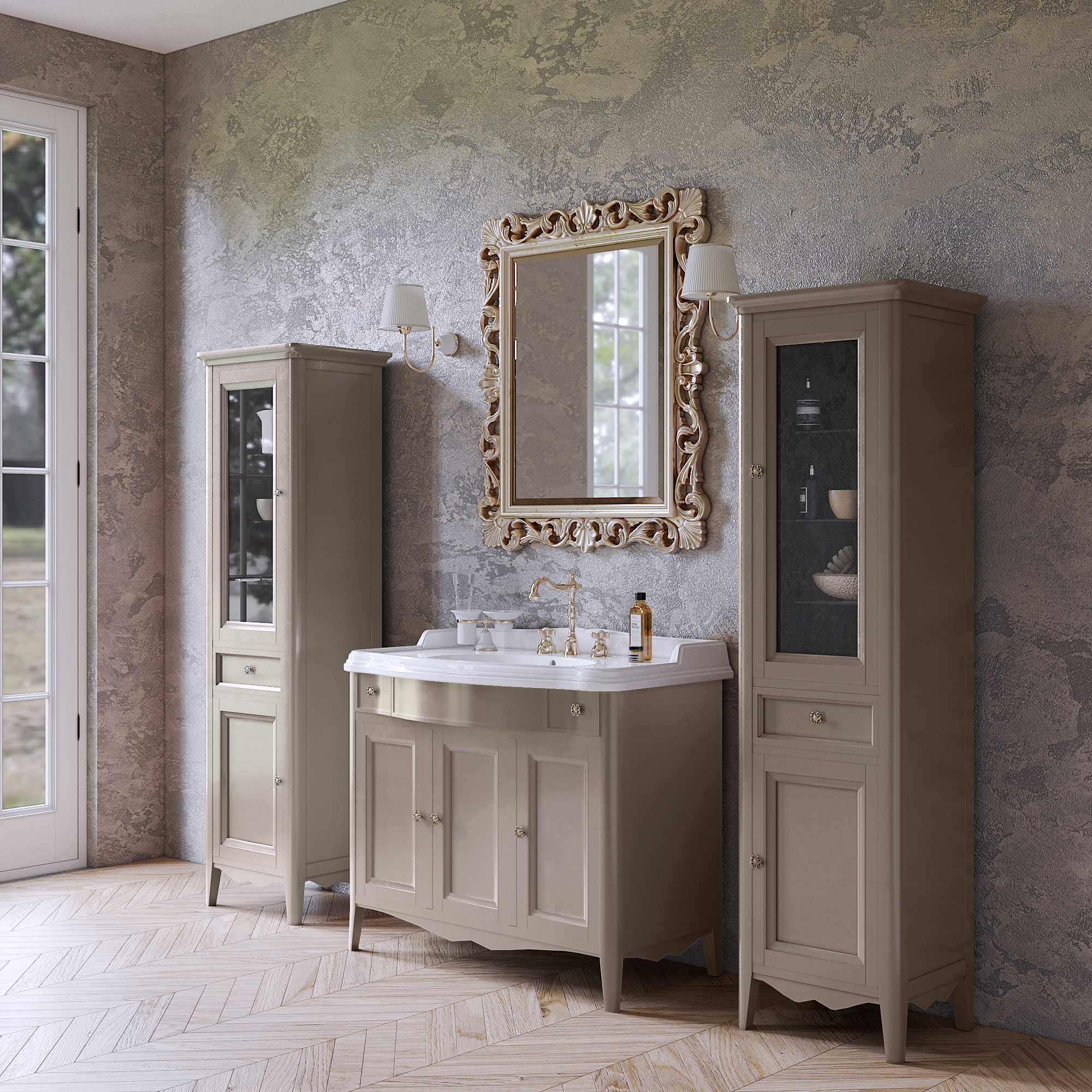 TW Veronica, База с раковиной Simas AR874bi*1 105x56см, с 1отв.,  2 верх.ящ. 3 распашные дверки, доводч. Blum, ручки: Riflesso бронза, напольная, цвет: TORTORA