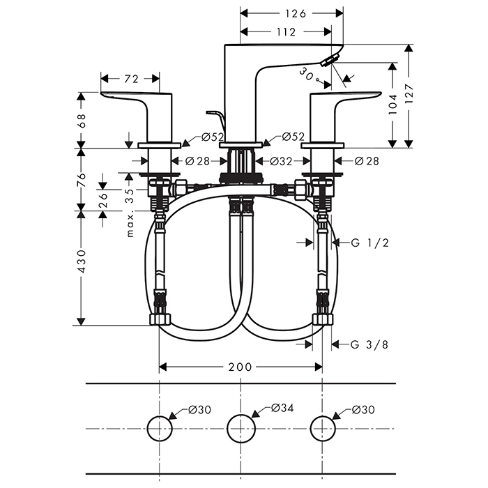 Hansgrohe Talis E Смеситель для раковины, на 3 отв, с донным клапаном, излив: 11.2см, цвет: шлифованная бронза