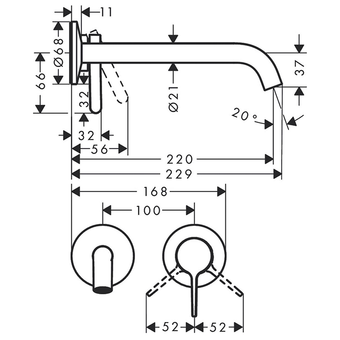 Axor One Смеситель для раковины, встраиваемый, излив 220 мм, внешняя часть, цвет: черный матовый