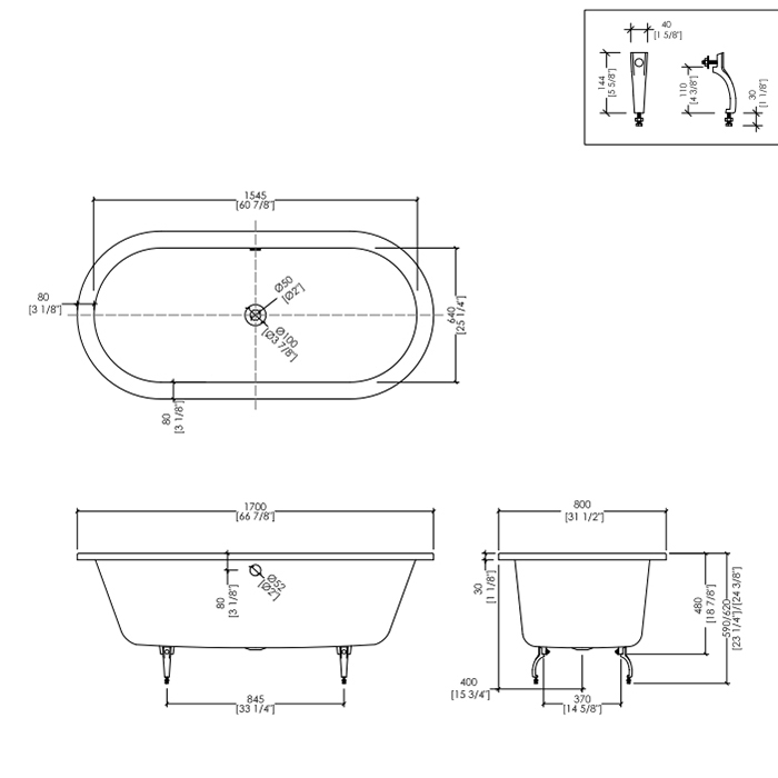 Devon&Devon Bayswater Ванна встроенная чугунная овальная 170x80xh46 cм, цвет: белый