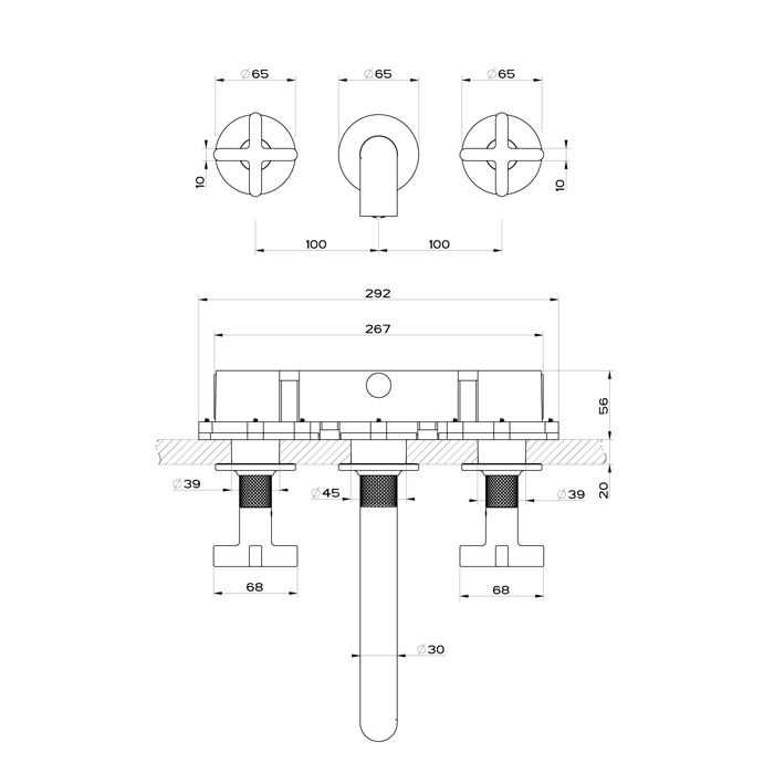 Gessi Inciso+ Встраиваемый смеситель для раковины на 3 отверстия с изливом, без донного клапана. внешняя часть, цвет: black XL