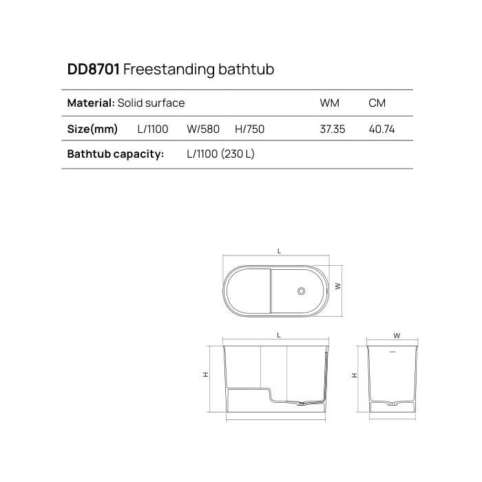 Dea Design Single Ванна 110х58х75см., отдельностоящая, Solid Surface, цвет: Black №16