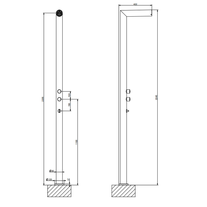 Gessi Outdoor Душевая стойка для установки на улице, напольная, на 2 выхода, без ручек, ручного душа и верхнего душа, внешняя часть, цвет: Black XL