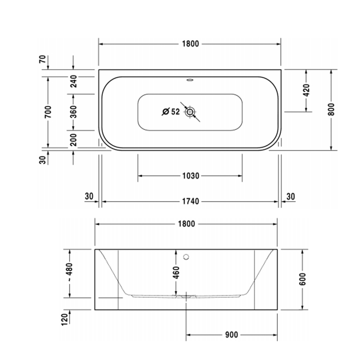 DURAVIT Happy D2 Ванна 180х80см, пристенный вариант с двумя наклонами для спины, с интегр акрилов панелью и ножками, цвет: белый