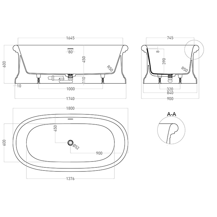 Salini Opera Ванна 180х90х60см., отдельностоящая, S-Sense, с донным клапаном "Up&Down", сифоном, слив-переливом, опорами, цвет: белый глянцевый