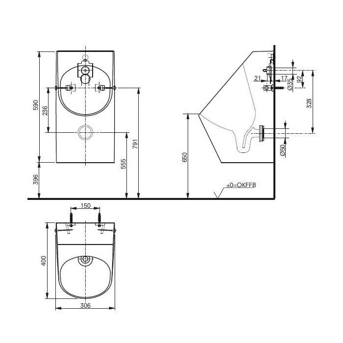 TOTO Public Писсуар 30.6x40x59см, CeFiONtect, цвет: белый