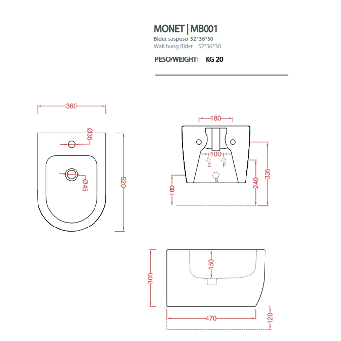 Artceram Monet Биде подвесное 36х52см., 1 отв., цвет: белый матовый