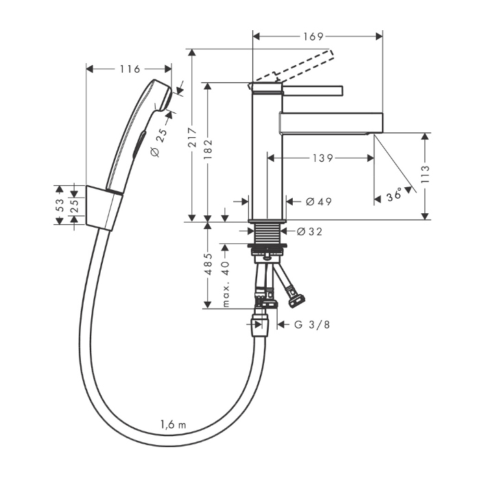 Hansgrohe Finoris Смеситель для раковины, 1 отв., с набором для биде и со шлангом 160см., цвет: хром