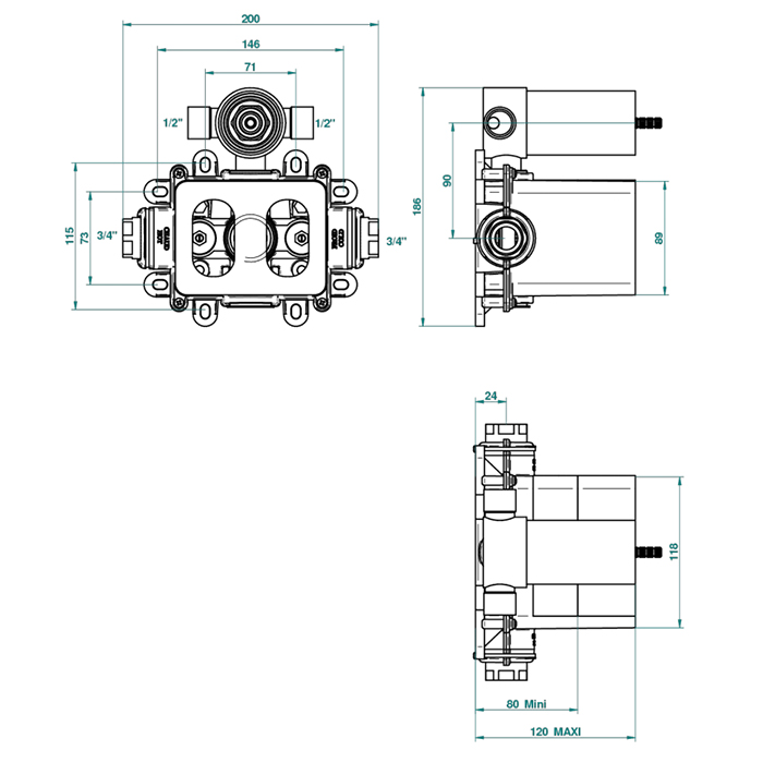 THG Термостат  3/4" - 60 л/мин с восковым картриджем и коробкой для встраивания, для двух потребителей