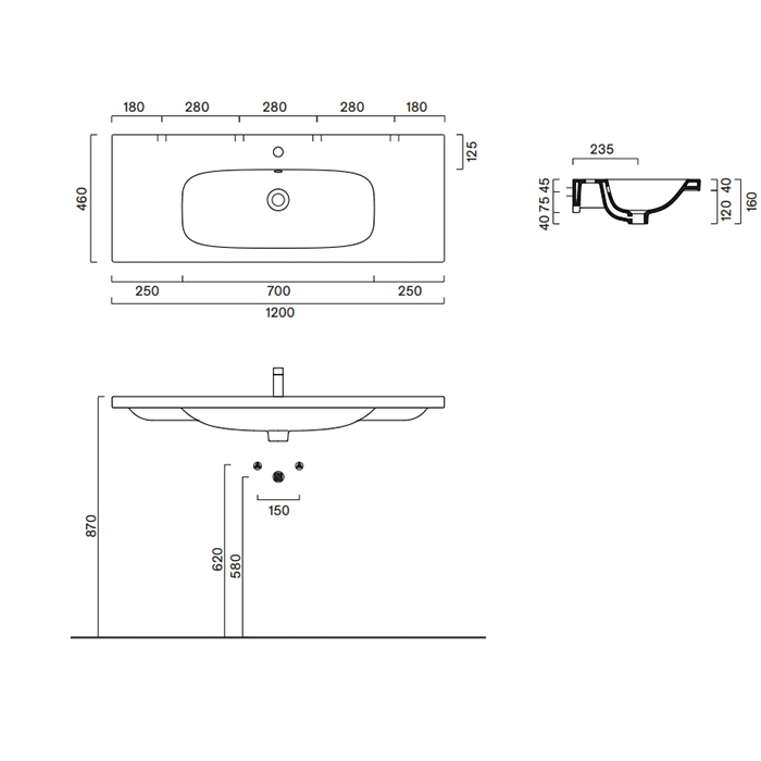 Catalano Alvea Раковина 120х46см., подвесная или на мебель, без отв., цвет: белый глянцевый