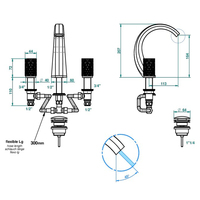 THG Nihal Porcelaine Ivoire Смеситель для раковины на 3 отверстия, с донным клапаном, цвет: Soft gold