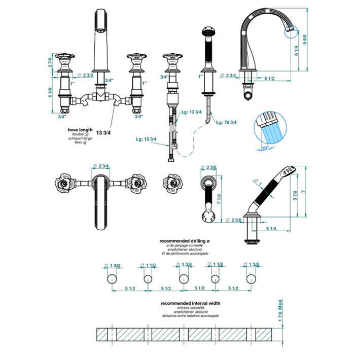 THG Rose Смеситель встраиваемый на борт ванны, 5 отв., цвет: золото