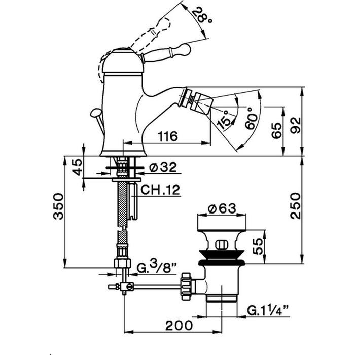 CISAL Arcana Royal Смеситель однорычажный для биде на 1 отверстие с донным клапаном, цвет: бронза