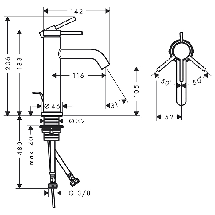 Hansgrohe Tecturis S Смеситель для раковины, на 1 отв., донным клапаном, цвет: черный матовый