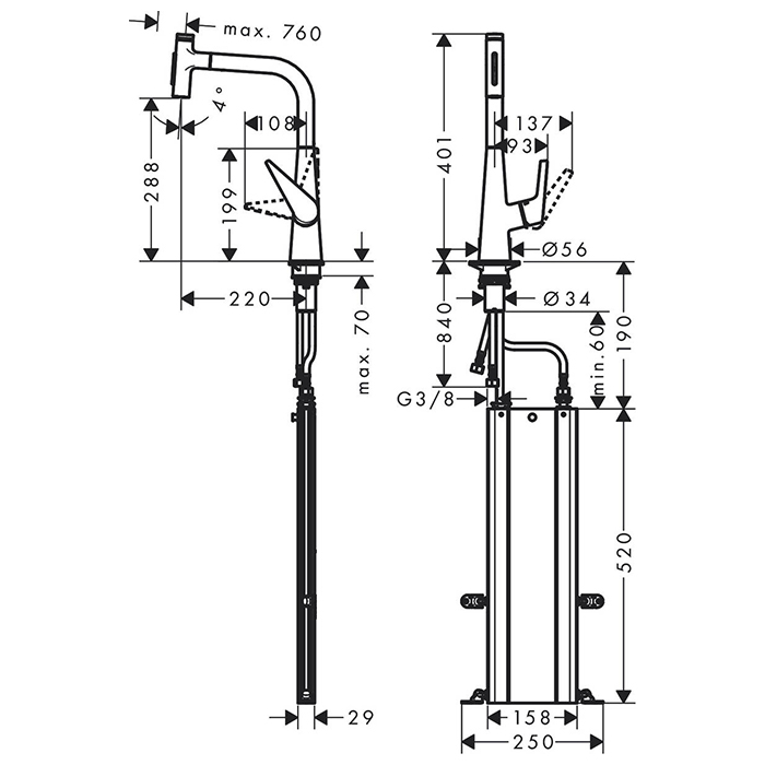 Hansgrohe Talis Select M51 Смеситель для кухни, на 1 отв, поворотный излив: 22см с вытяжным душем, 2jet, h:28.8см, sBox, кнопка вкл/выкл, цвет: хром