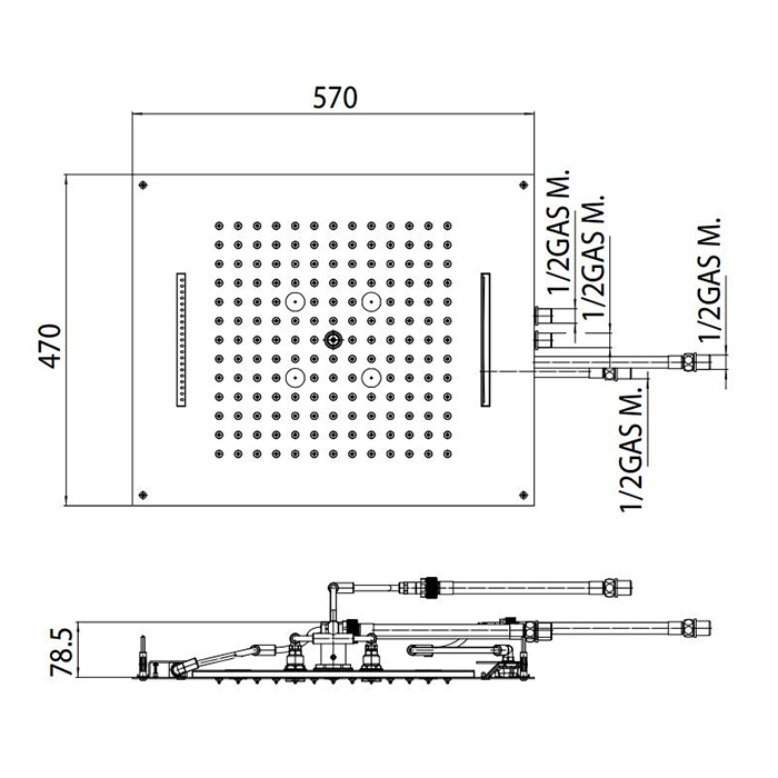 BOSSINI DREAM/3 Верхний душ 570x470 мм, 3 режима (дождь, каскад, туман) с 4 LED RGB, блок питания/управления, Cromoterapia, цвет: сатинированное золото
