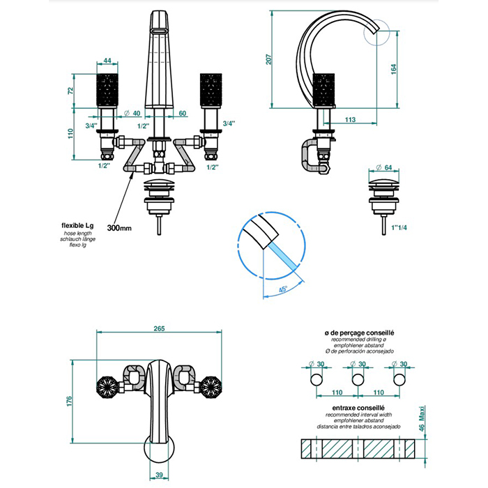  THG Nihal Porcelaine Noire Смеситель для раковины на 3 отверстия, с донным клапаном, цвет: Aranja (black nickel)