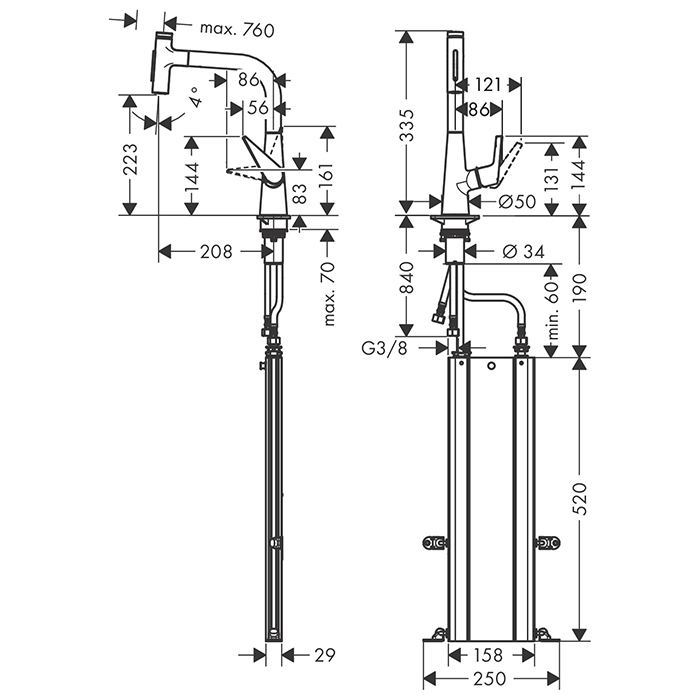 Hansgrohe Talis Select M51 Смеситель для кухни, на 1 отв, поворотный излив: 20.8см с вытяжным душем, 2jet, h:22.3см, sBox, кнопка вкл/выкл, цвет: хром