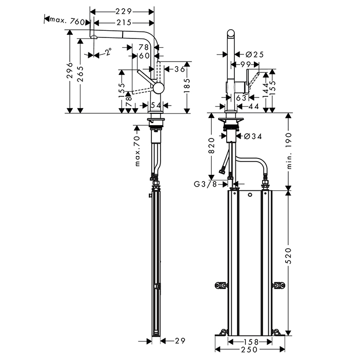 Hansgrohe Talis M54 Смеситель для кухни, 1 отв., с вытяжным изливом 1jet, sBox, цвет: чёрный матовый