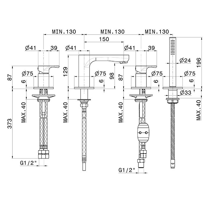 Newform Linfa II Смеситель на борт ванны, 4 отв., с изливом и ручным душем, цвет: хром