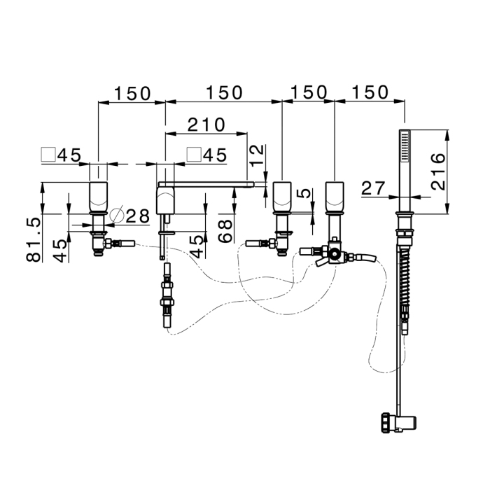 Cisal Hi-Rise Смеситель на борт ванны, 5 отв., с ручным душем, цвет: Gold Brushed