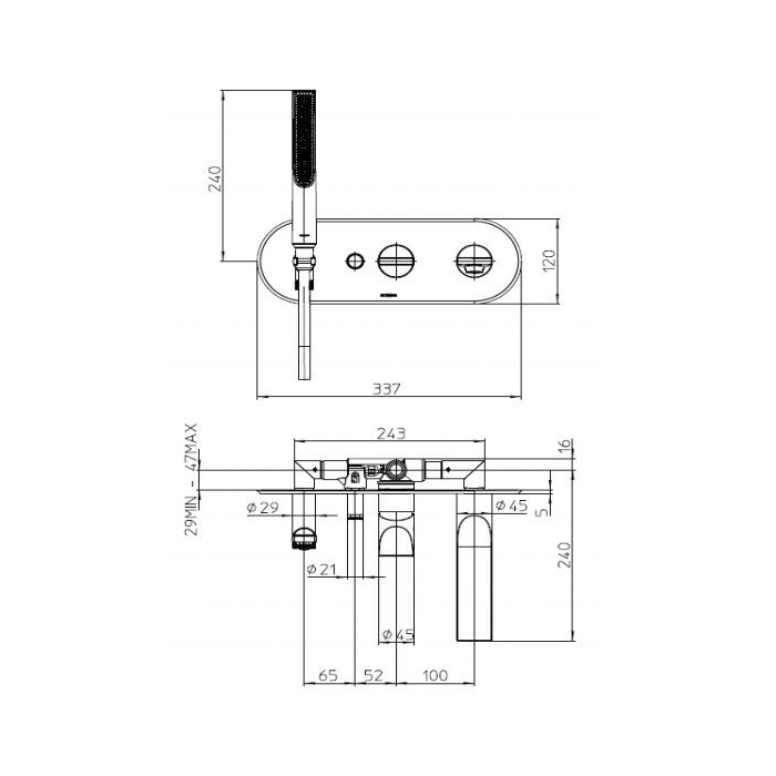 Bossini Apice Смеситель для ванны, встраиваемый, с ручным душем Slim и шлангом 150см., цвет: брашированный никель