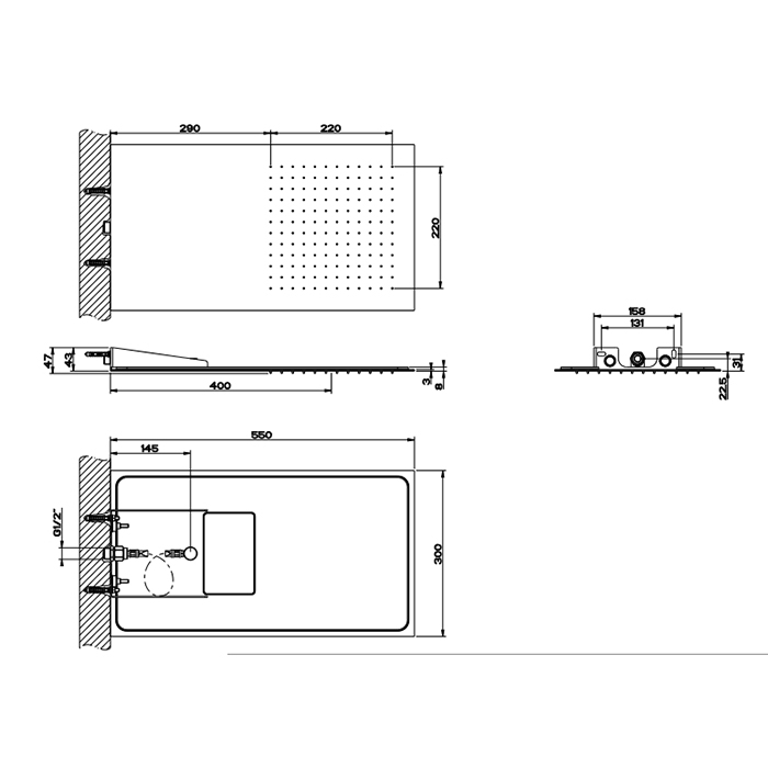 Gessi Tremillimetri Верхний душ QUADRO 30х55см , цвет: Black Metal Brushed PVD