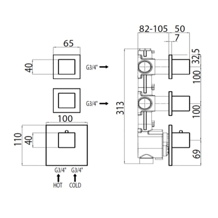 Bossini Cube Смеситель для душа, встраиваемый, термостатический, цвет: черный матовый