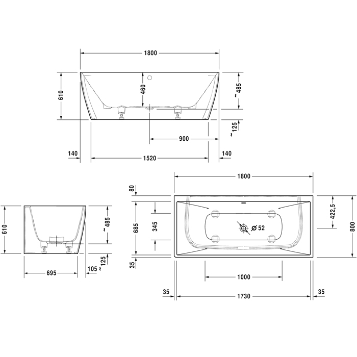 Duravit Vitrium Ванна пристенная 180x80см, с ножками, с2 наклонами для спины, прямоугольная, цвет: белый