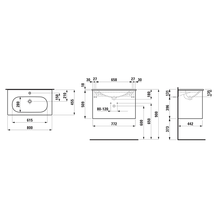 Laufen Lua База подвесная 80х45хh52см., с раковиной, с 1 отв., 2 ящика, цвет: белый матовый