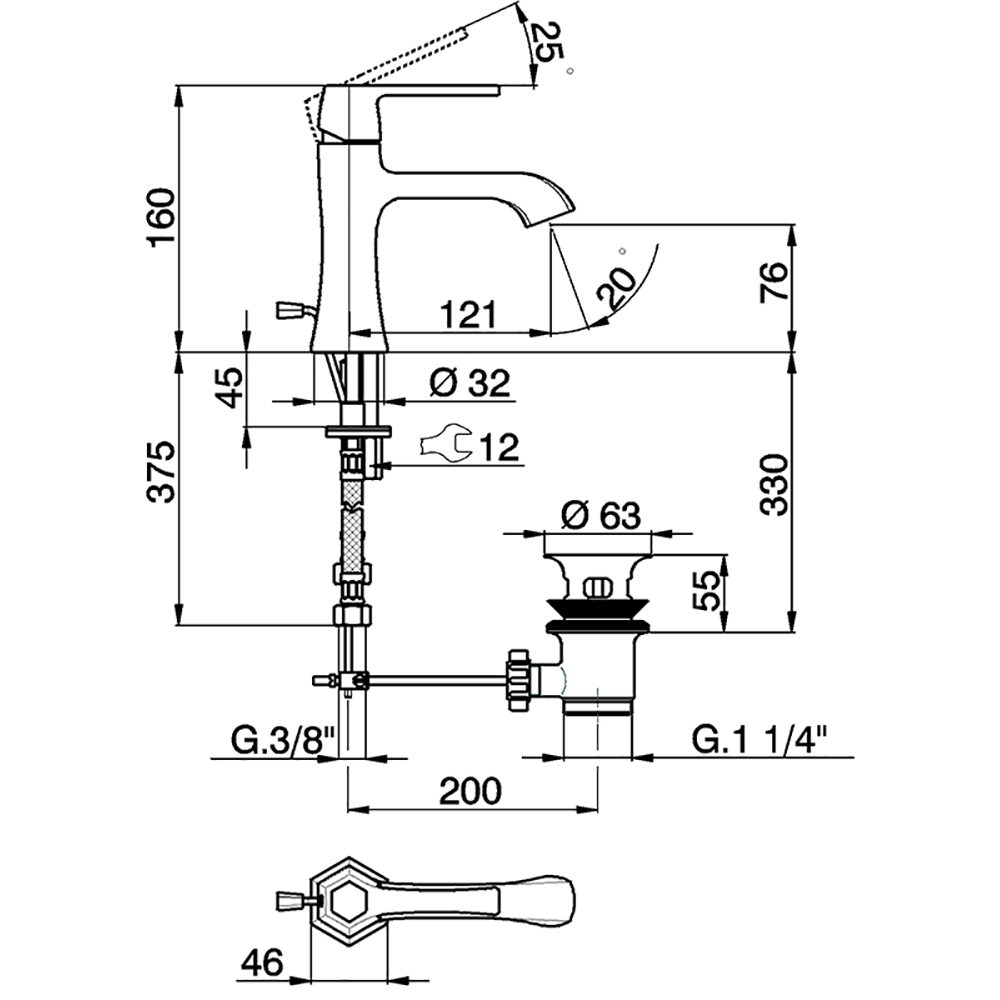 CISAL Cherie Смеситель однорычажный для раковины на 1 отверстие с донным клапаном, цвет: золото/черный матовый
