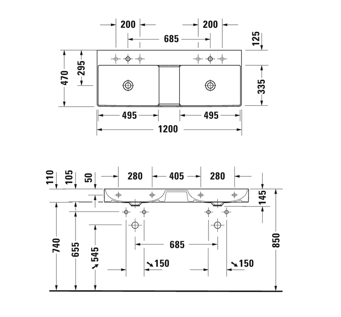 Duravit DuraSquare Раковина подвесная 120х47см, с отметками на 2 отв., двойная, без перелива, с покрытием WonderGliss, цвет: белый