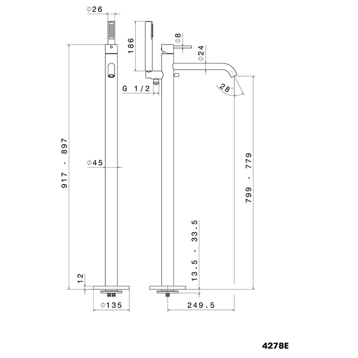 Newform XT Смеситель для ванны, напольный, с ручным душем, внешняя часть, цвет: titanium satin