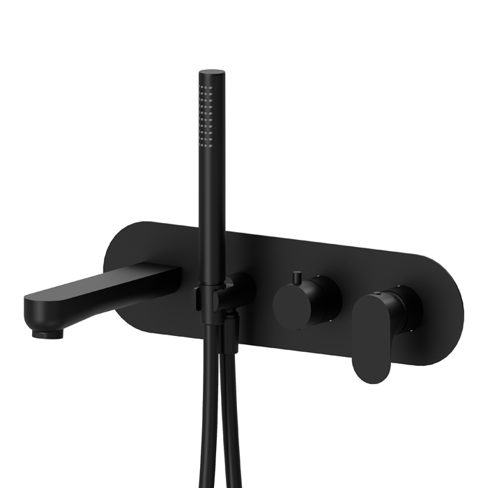 Newform Linfa II Смеситель для ванны, встраиваемый, с изливом и ручным душем, внешняя часть, цвет: черный матовый