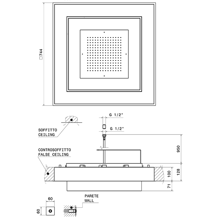 Newform Head Showers Верхний душ 74x74см, потолочный, скрытый, хромотерапия, цвет: brushed steel / черный