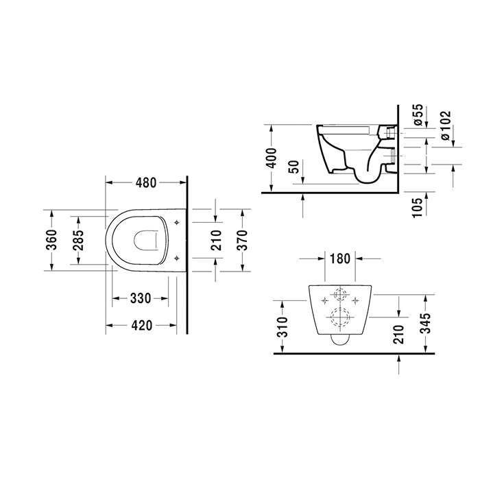 Duravit ME BY Starck Унитаз подвесной 48х37см., Rimless, включая крепление Durafix, цвет: белый