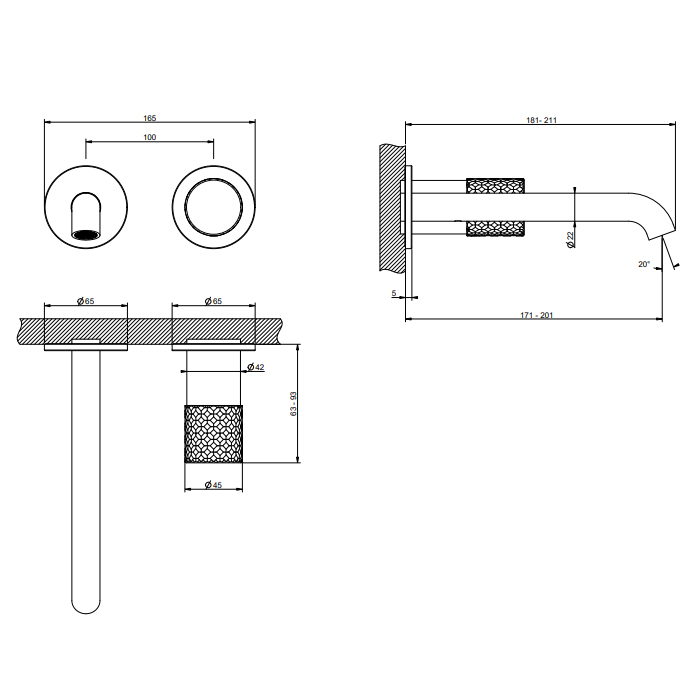 Gessi Habito Intreccio Смеситель для раковины, настенный, цвет: Black Metal Brushed PVD