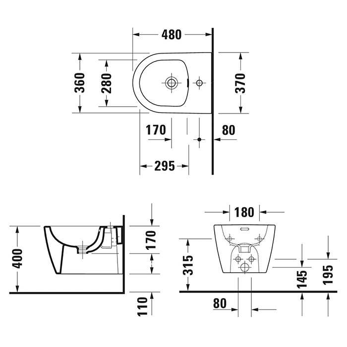 Duravit Soleil by Starck Биде подвесное 37х48см., 1 отв., Weiß Hochglanz, цвет: белый