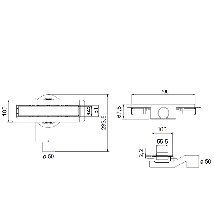 Plumberia Selection Трап душевой PS MODULAR 4x70 2устор. накладка из нерж.стали, комбинир.затвор с горизонт. Выпуском Ду 50мм,40л/мин, цвет: золото брашированная