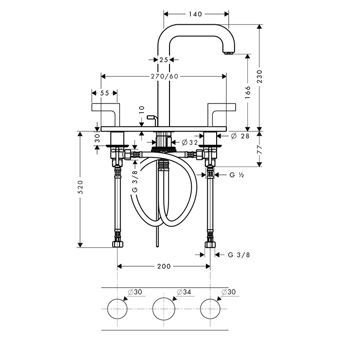 Axor Citterio Смеситель для раковины 170, на 3 отв., ручка: рычаг, с панелью, с донным клапаном, цвет: сталь