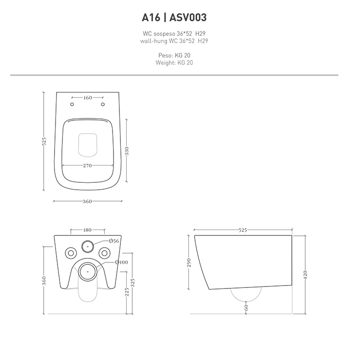 Artceram A16 Унитаз подвесной Rimless 36х52 см, цвет: gravel