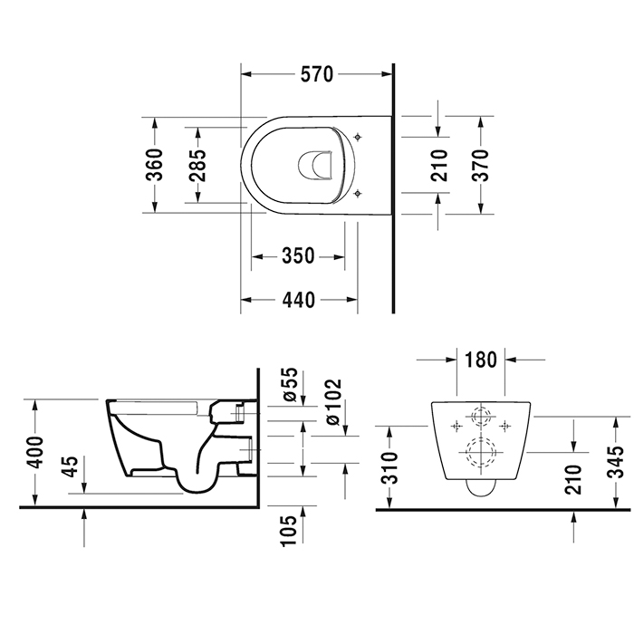 Duravit ME BY Starck Унитаз подвесной 57х37см., Rimless, включая крепление Durafix, цвет: белый матовый