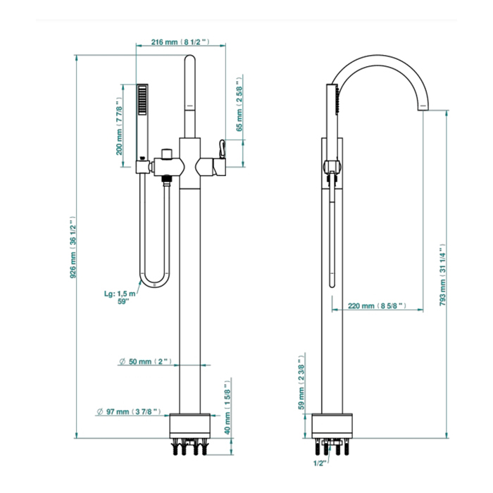 THG Collection O Смеситель для ванны, напольный, с ручным душем, цвет: Soft matt gold