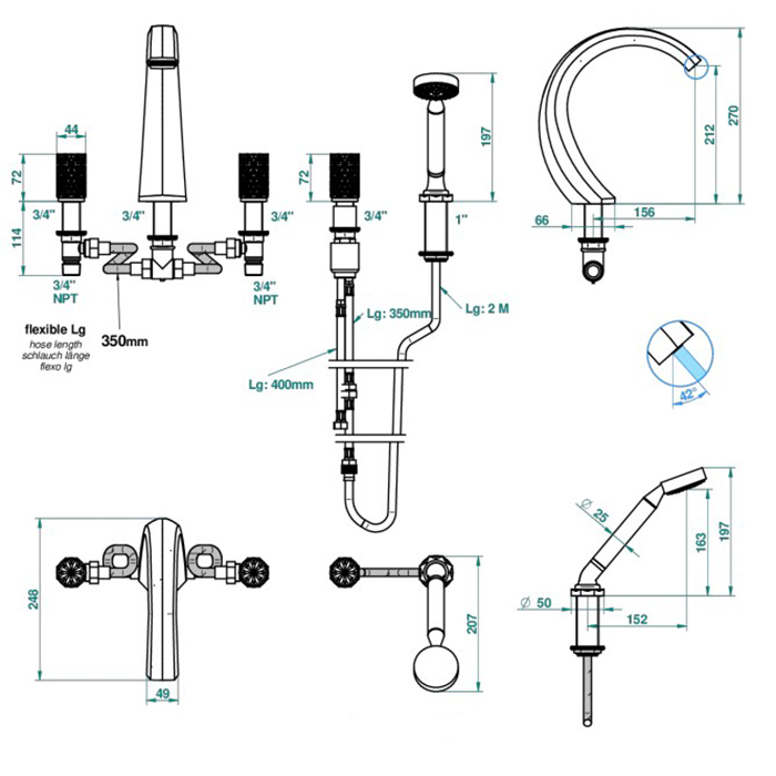 THG Nihal Porcelaine Ivoire Смеситель на борт ванны, на 5 отверстий, двойной, с ручным душем, цвет: Soft gold