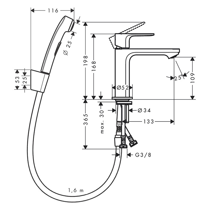 Hansgrohe  Rebris S Смеситель для раковины 110, с гигиеническим душем, цвет: черный матовый