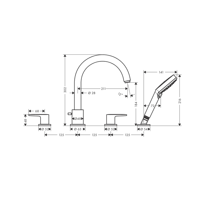  Hansgrohe Vernis Blend Смеситель на край ванны, на 4 отв, цвет: матовый черный 