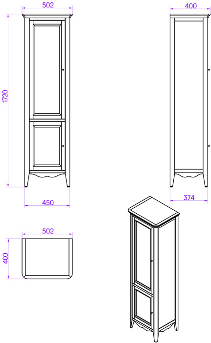 TW Veronica Nuovo колонна напольная с 2-мя дверцами, 3-мя стеклянными полками, доводчиками Blum, ручки бронза, DX - петли справа, Цвет: bianc