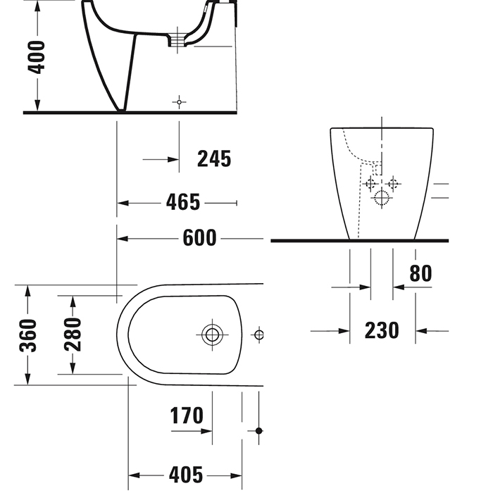 Duravit Me by Starck Биде напольное приставное 37х60 см, с 1 отв. под смеситель, с креплением, цвет: белый